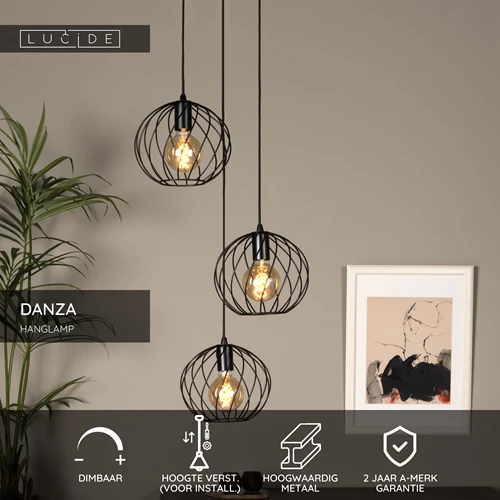 Lucide DANZA - Hanglamp - Ø 50 cm - 3xE27 - Zwart - USP